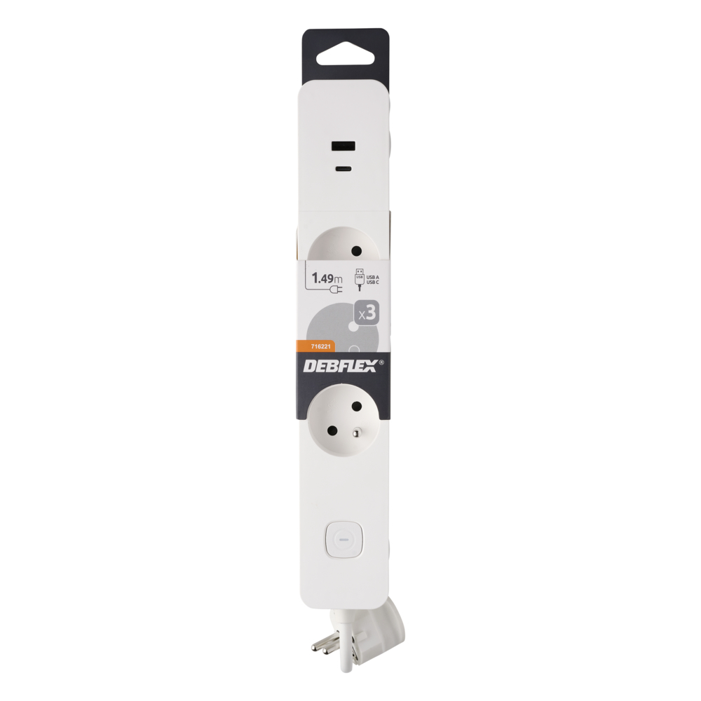 BLOC 3 PRISES 2P+T 16A AVEC INTERRUPTEUR + 2 USB A+C 3,4A 1,49M BLANC - DEBFLEX - 716221