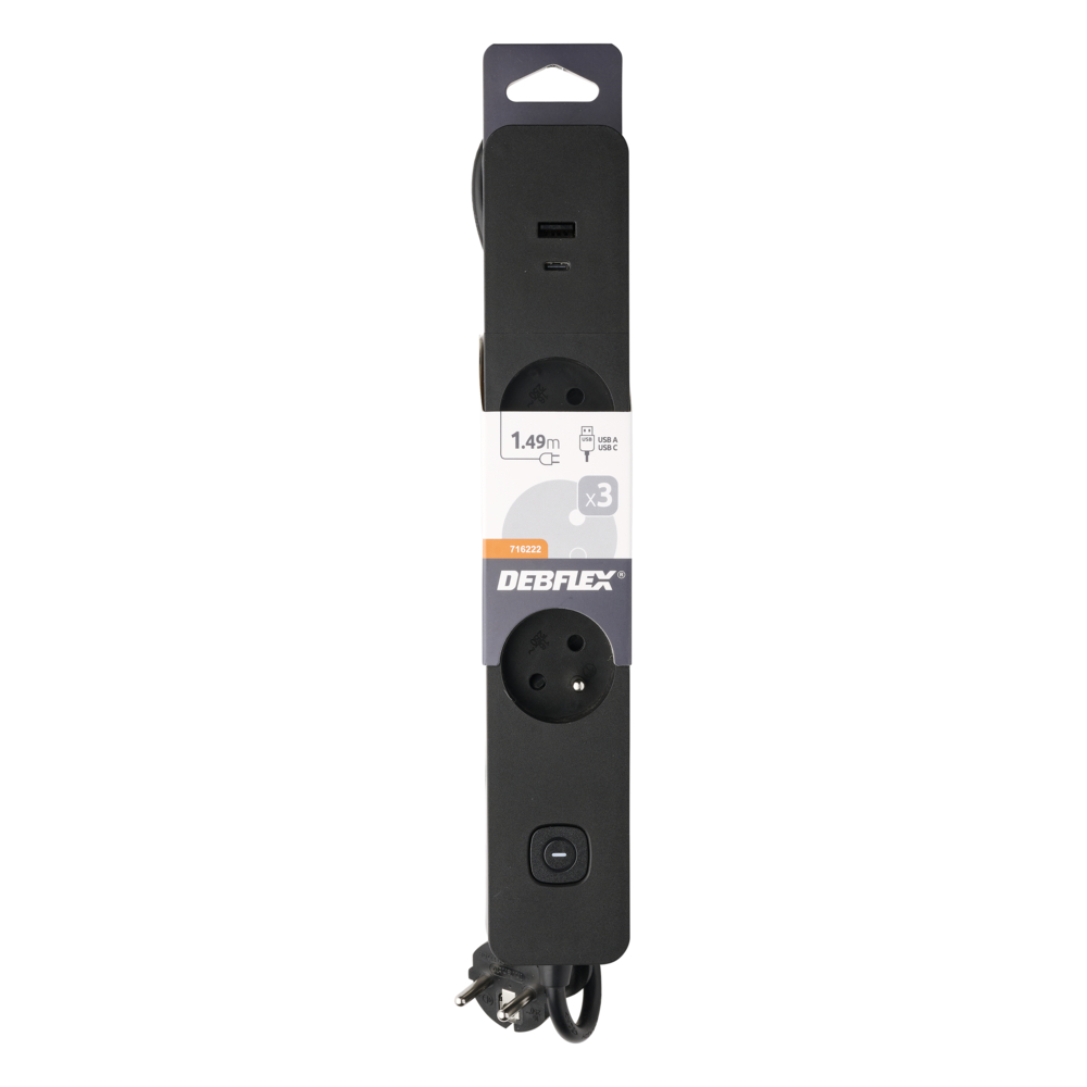 BLOC 3 PRISES 2P+T 16A AVEC INTERRUPTEUR + 2 USB A+C 3,4A 1,49M NOIR - DEBFLEX - 716222