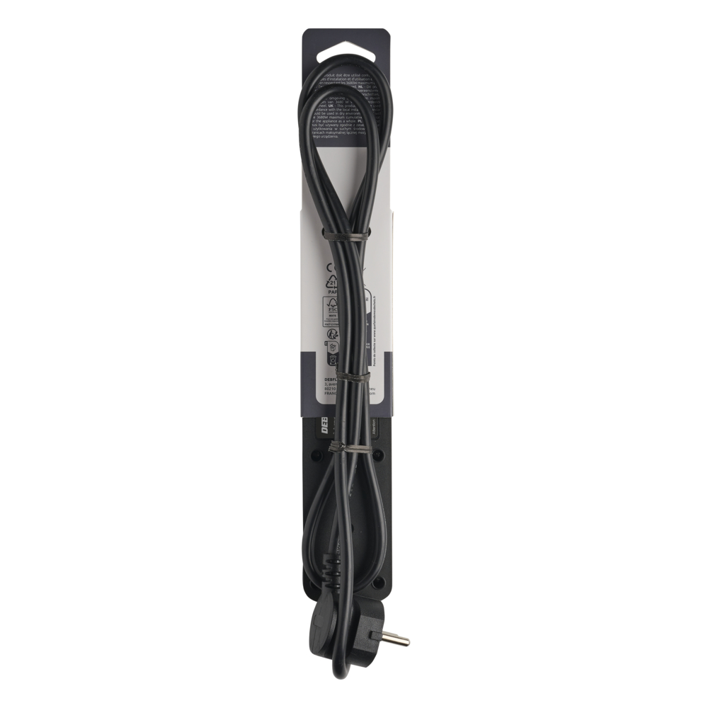 BLOC 3 PRISES 2P+T 16A AVEC INTERRUPTEUR + 2 USB A+C 3,4A 1,49M NOIR - DEBFLEX - 716222