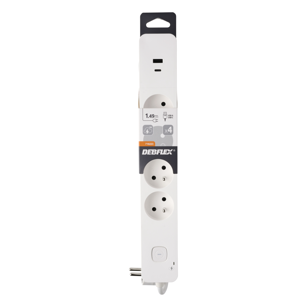 BLOC PARAFOUDRE 4 PRISES 2P+T AVEC INTER + 2USB A+C 3,4A 1,49M BLANC - DEBFLEX - 716223