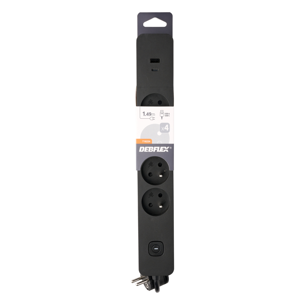 BLOC 4 PRISES 2P+T 16A AVEC INTERRUPTEUR + 2 USB A+C 3,4A 1,49M NOIR - DEBFLEX - 716224