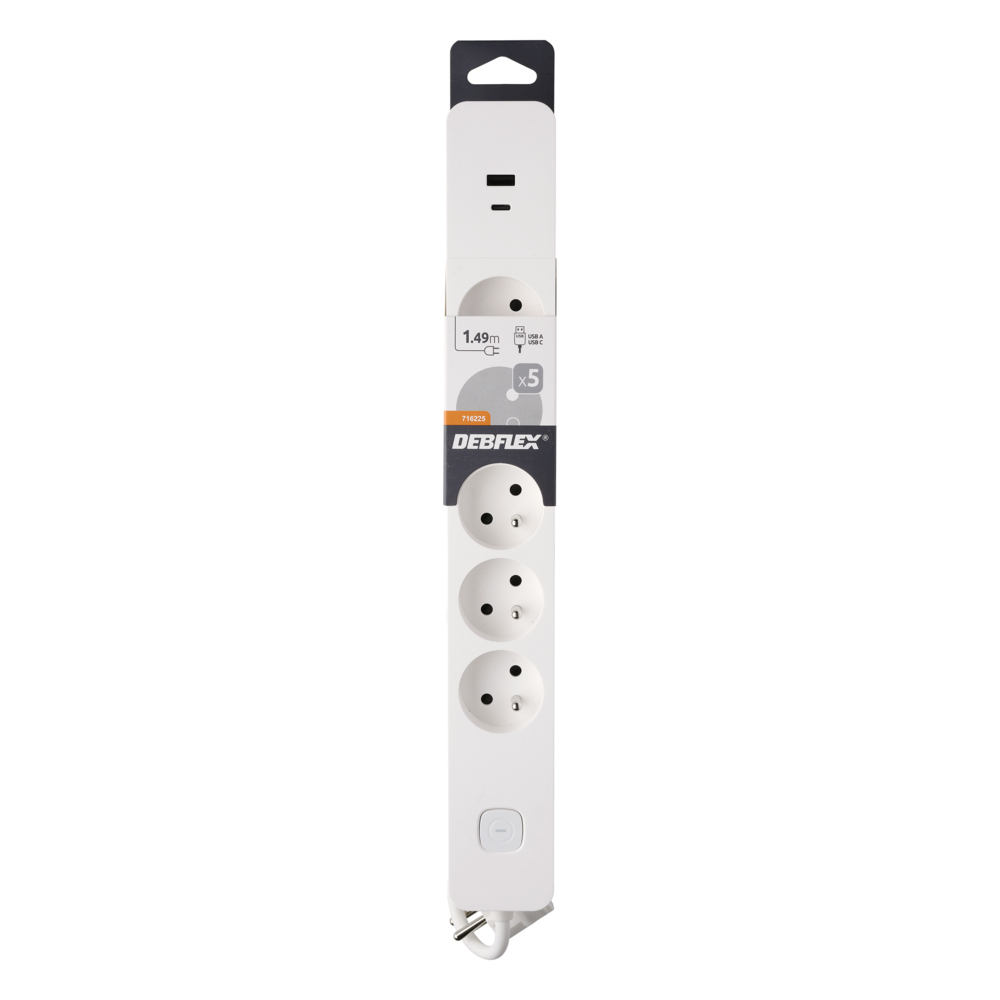 BLOC 5 PRISES 2P+T 16A AVEC INTERRUPTEUR + 2 USB A+C 3,4A 1,49M BLANC - DEBFLEX - 716225
