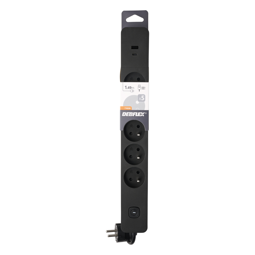 BLOC 5 PRISES 2P+T 16A AVEC INTERRUPTEUR + 2 USB A+C 3,4A 1,49M NOIR - DEBFLEX - 716226