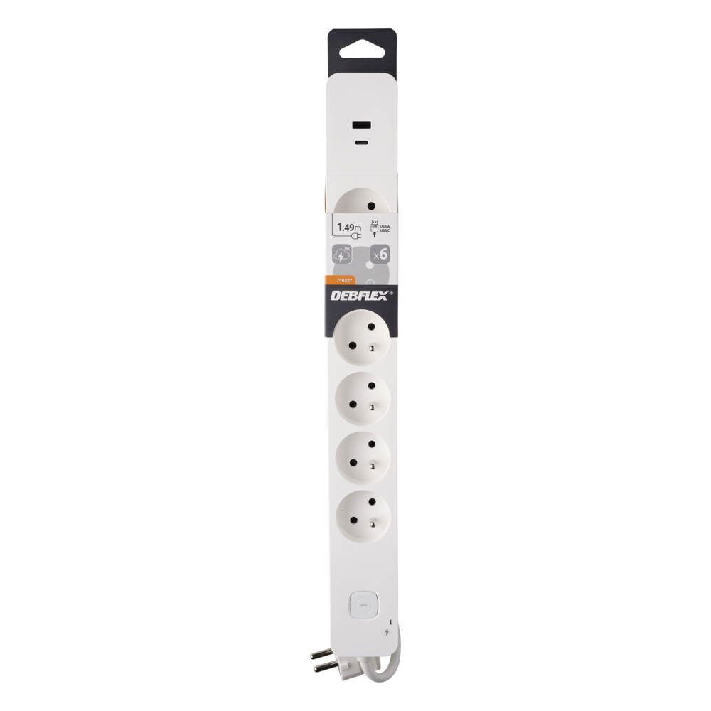 BLOC PARAFOUDRE 6 PRISES 2P+T AVEC INTER + 2USB A+C 3,4A 1,49M BLANC - DEBFLEX - 716227