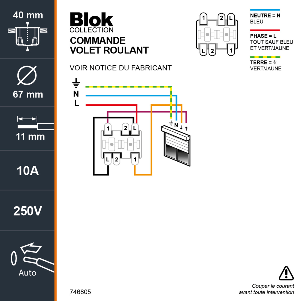 BLOK INTERRUPTEUR VOLET ROULANT BLANC - DEBFLEX - 746805