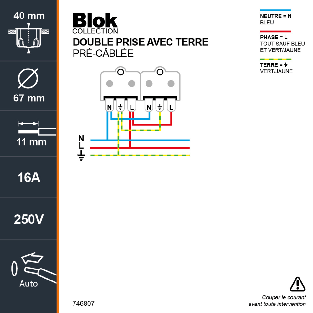 BLOK DOUBLE PRISE DE COURANT 2P+T PRECABLEE BLANC - DEBFLEX - 746807