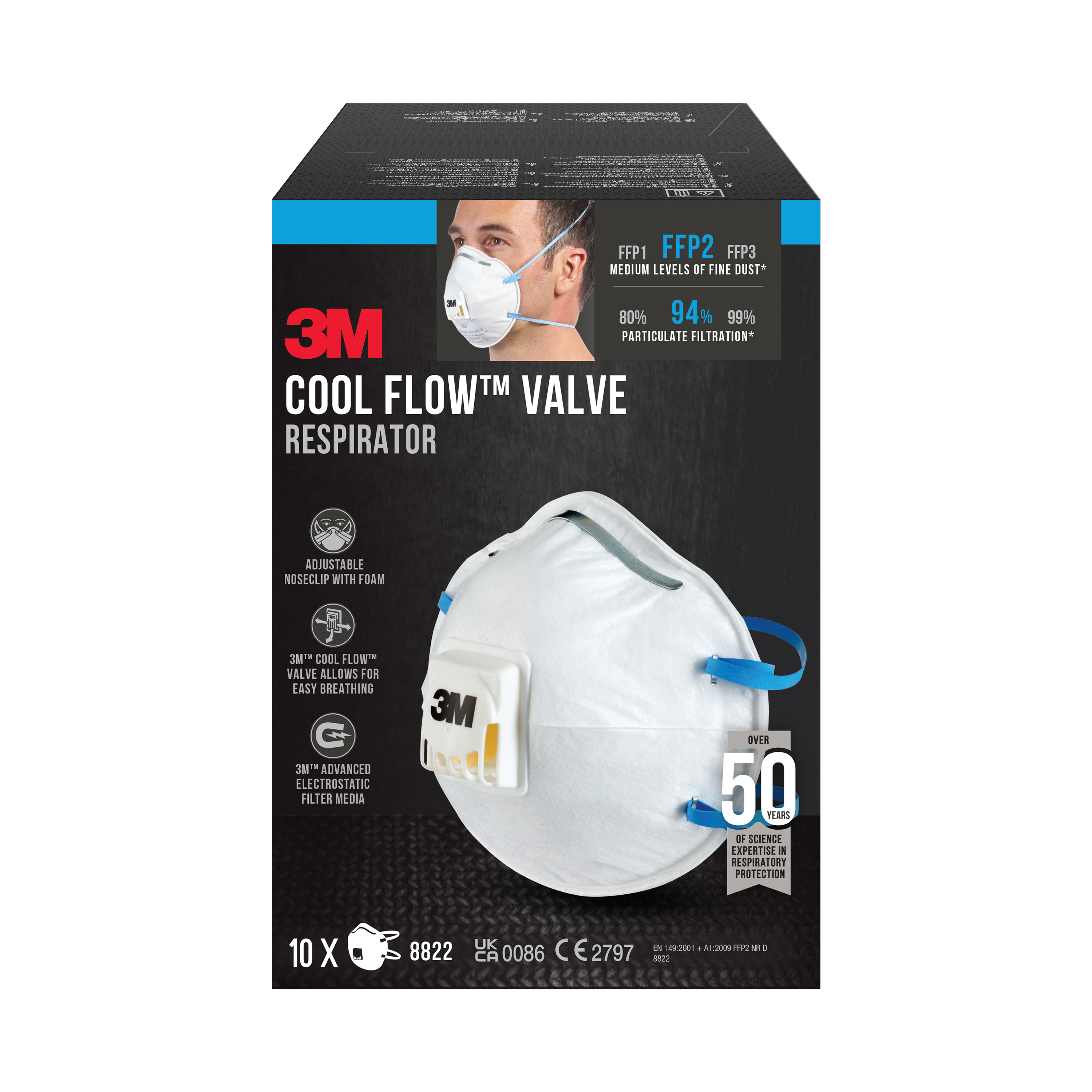 Masque antipoussière 8822 FFP2 avec valve - Lot de 10 - 3M - 8822P10 00