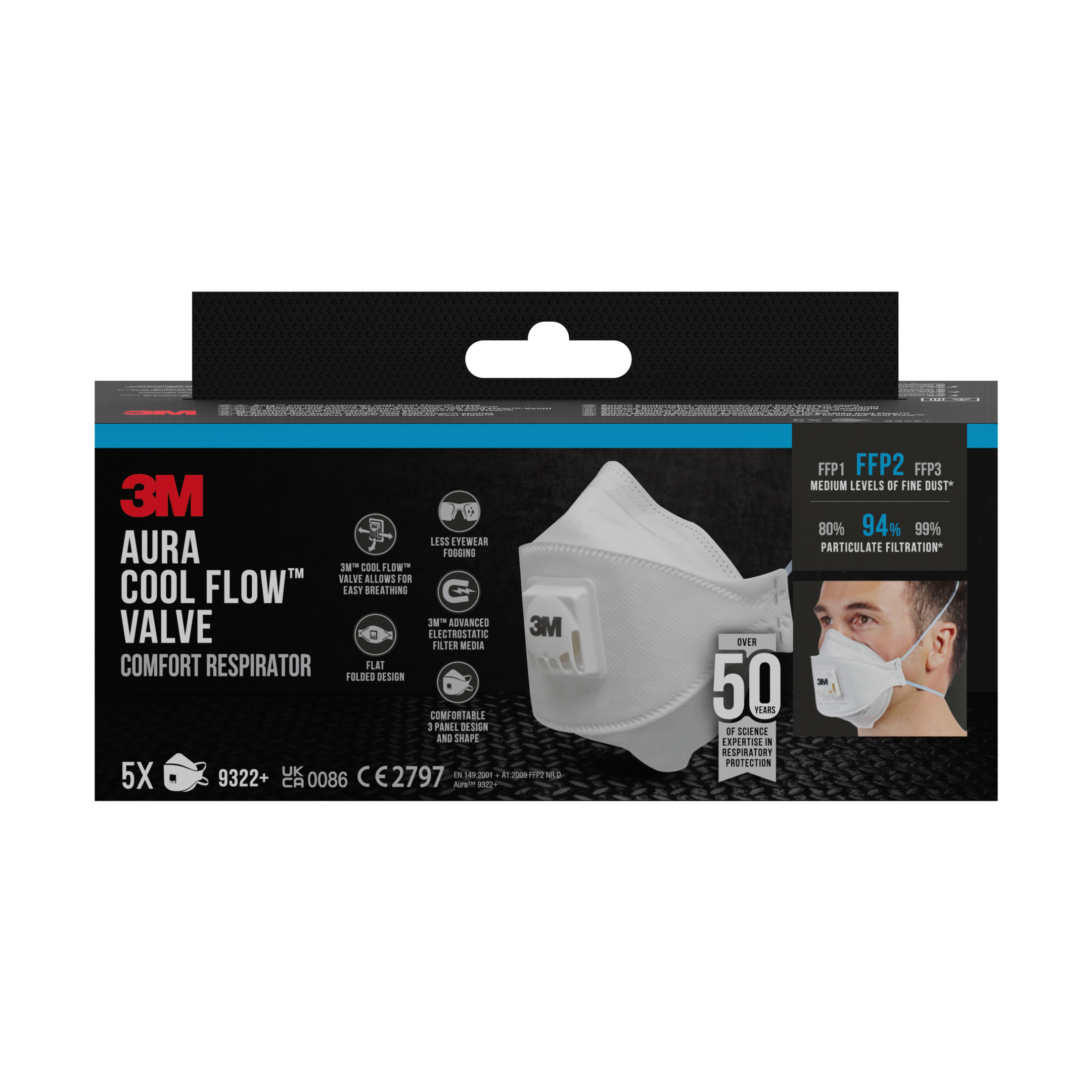 Masque antipoussière série 9322+ FFP2 avec valve - Lot de 5 - 3M - 9322N05 00