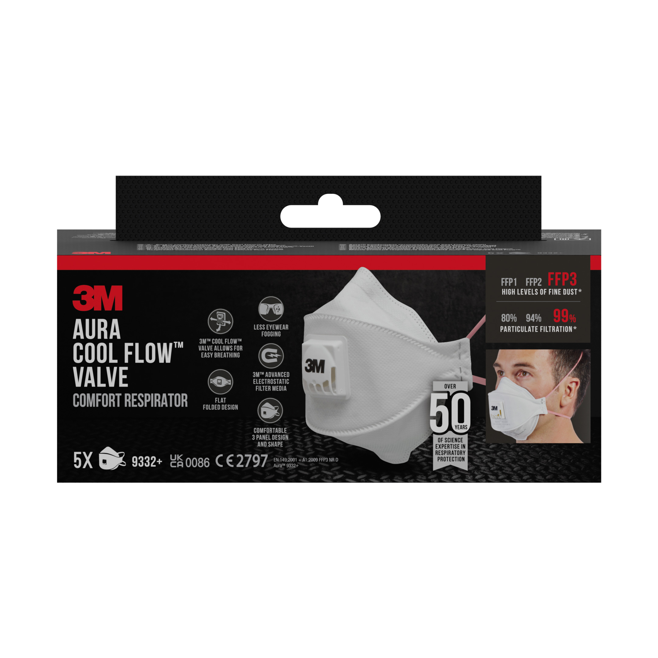 Masque 9332+ antipoussières FFP3 grand confort avec valve - Lot de 5 - 3M - 9332N05 00