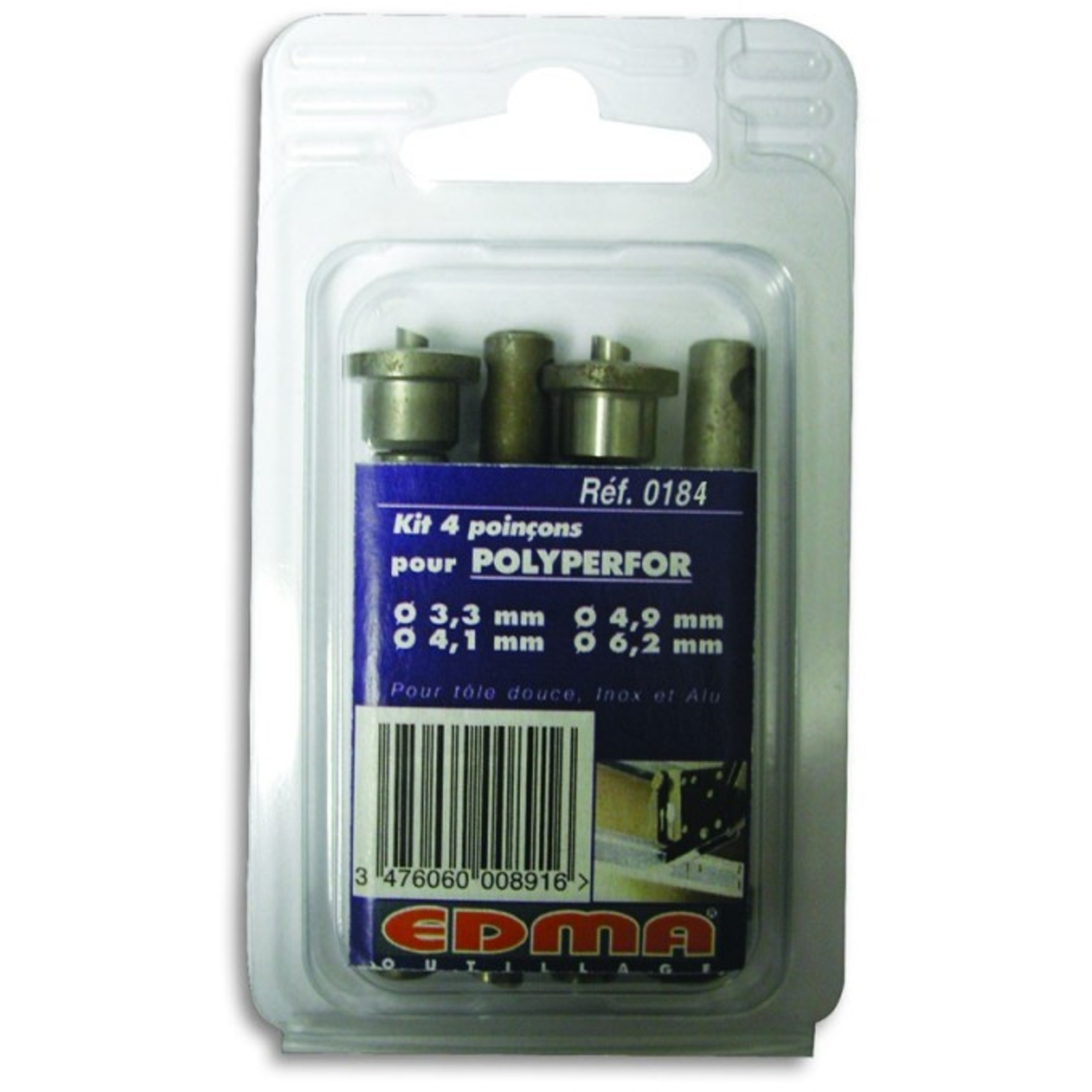 KIT DE 4 POINÇONS POUR POLYPERFOR : diam 3,3 mm, diam 4,1 mm, diam 4,9 mm, diam 6,2 mm -  EDMA - 018455