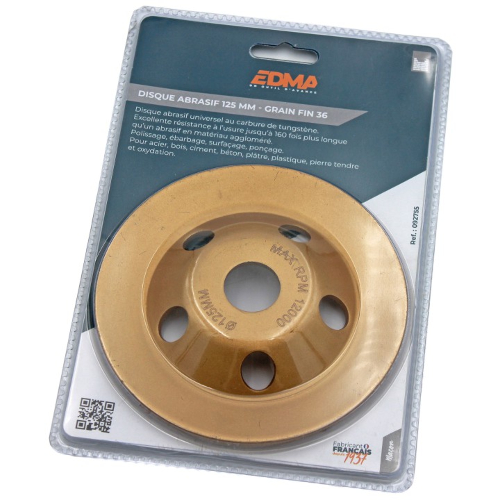 DISQUE ABRASIF 125 MM - Grain fin 36 -  EDMA - 092755