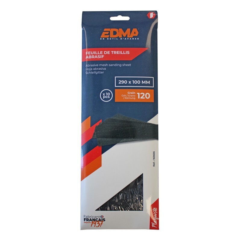FEUILLE DE TREILLIS ABRASIF 290 x 100 MM - Grain 120 - x 10 pcs - EDMA - 163655