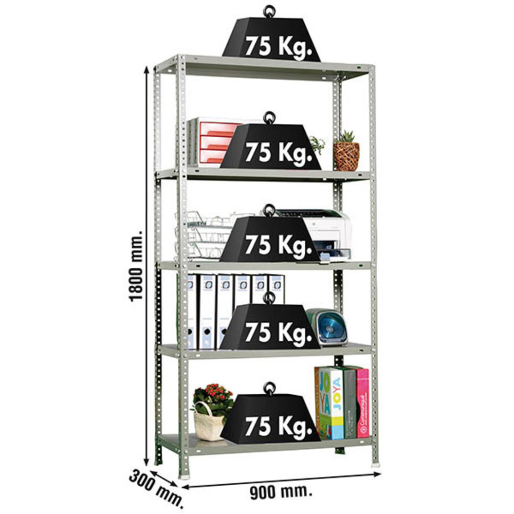 Rayonnage métallique léger à vis 1800x900x300 - 5 niveaux Gris - SIMON RACK - 8425437010262