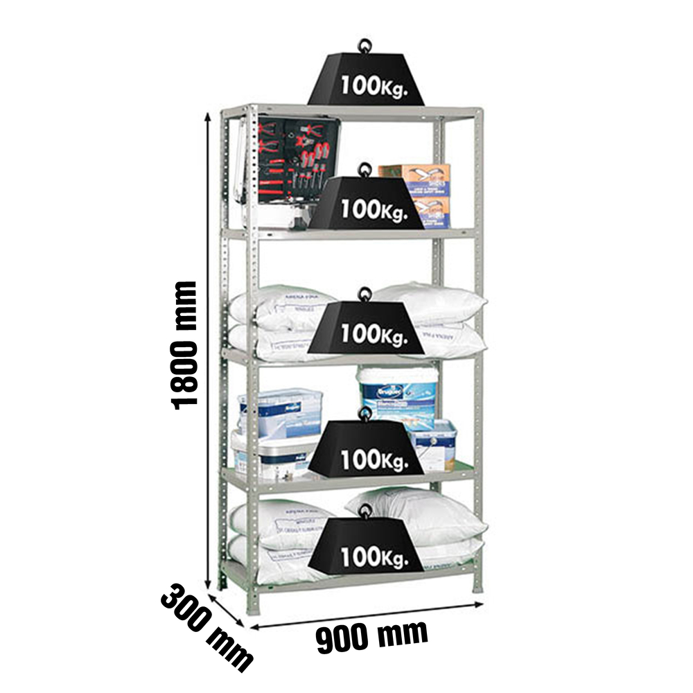 Rayonnage métallique léger à vis 1800x900x300 - 5 niveaux Gris - SIMON RACK - 8425437010323