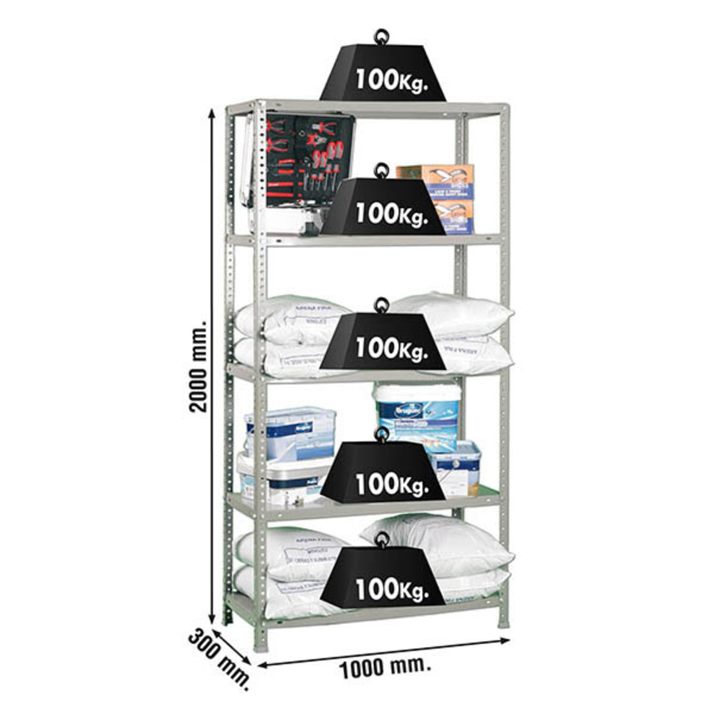 Rayonnage métallique léger à vis 2000x1000x300 - 5 niveaux Gris - SIMON RACK - 8425437040924