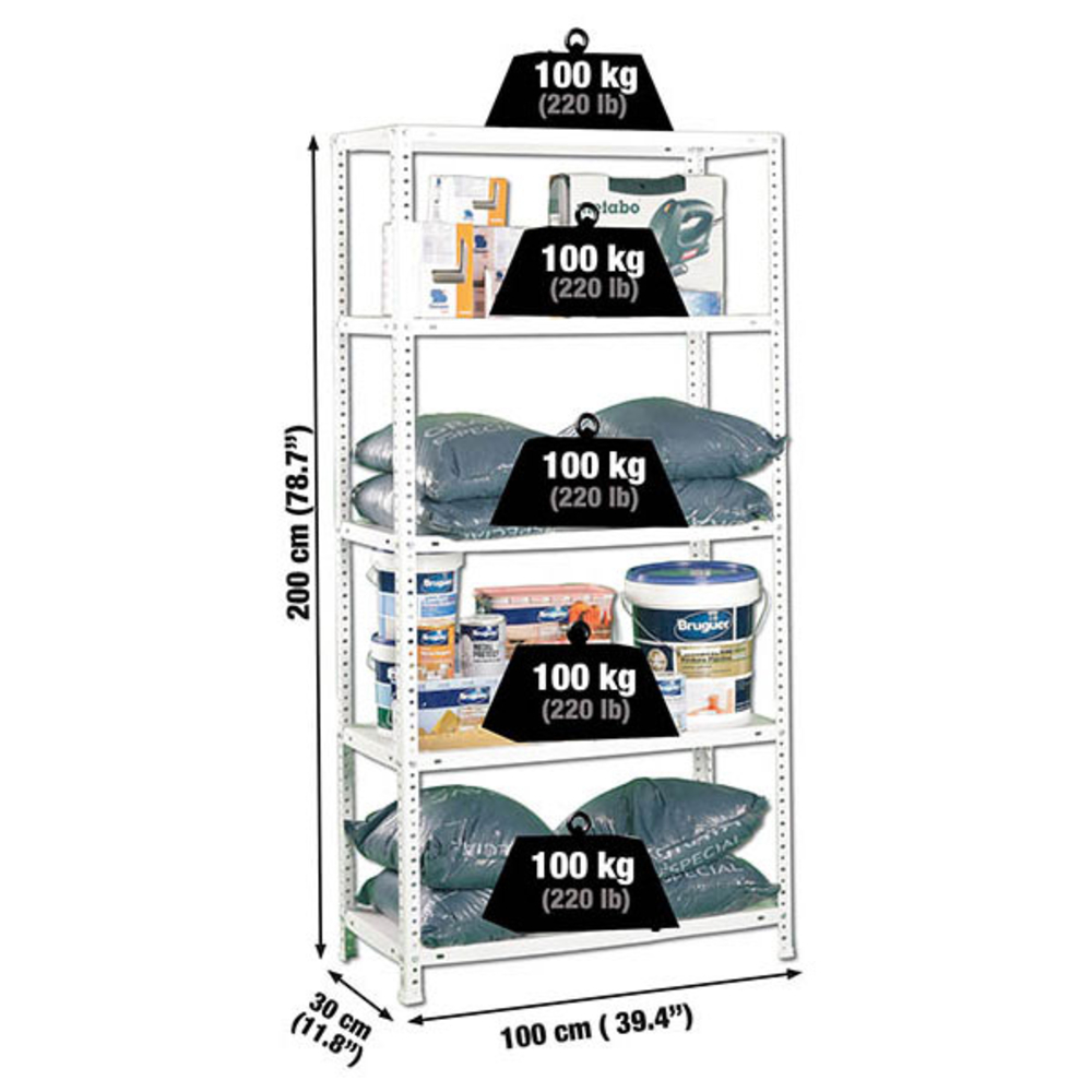 Rayonnage métallique léger à vis 2000x1000x300 - 5 niveaux Blanc - SIMON RACK - 8425437040931