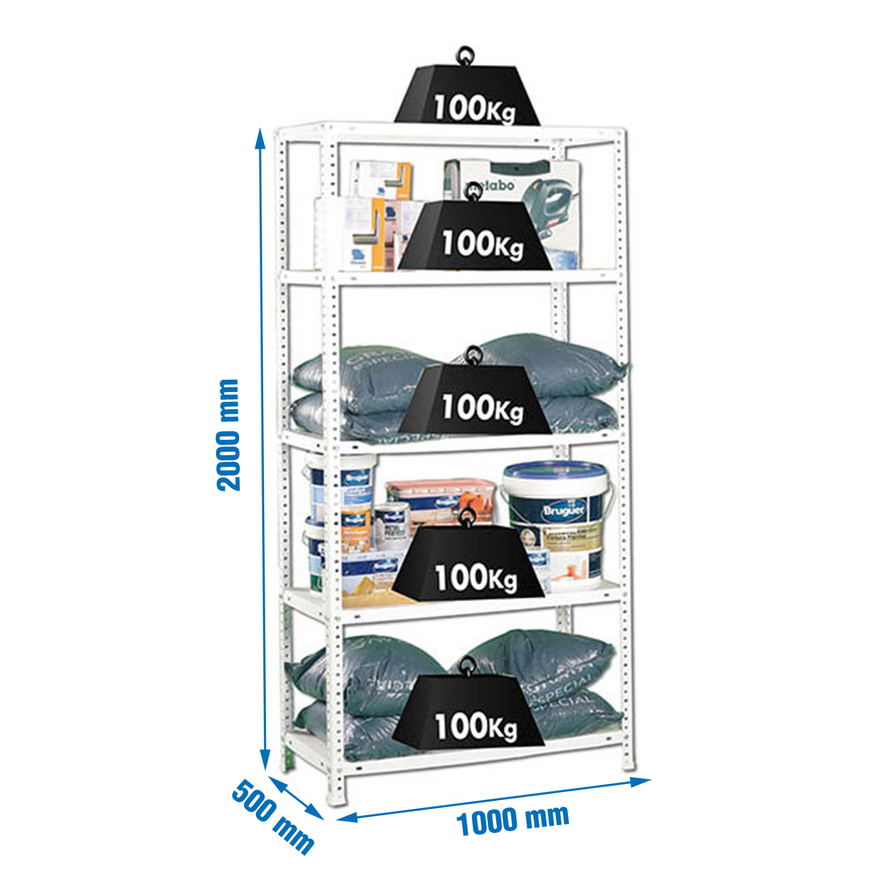 Rayonnage métallique léger à vis 2000x1000x500 - 5 niveaux Blanc - SIMON RACK - 8425437041938