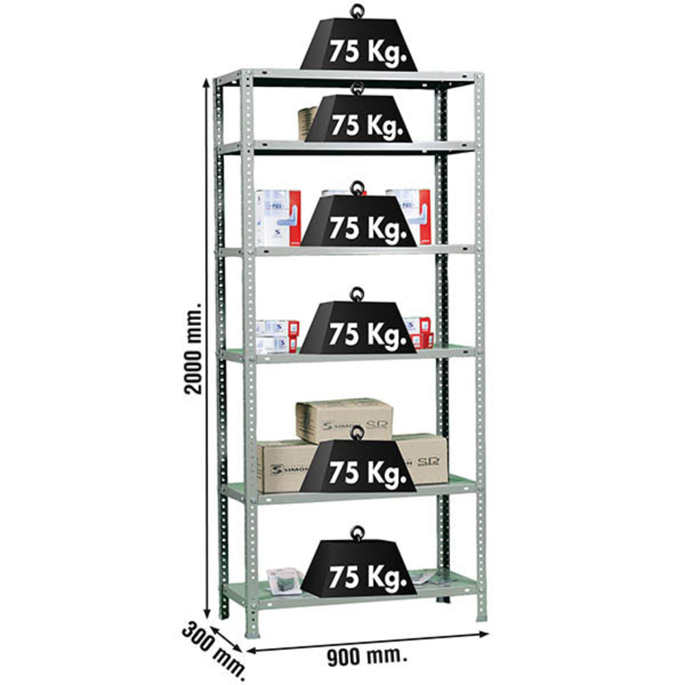 Rayonnage métallique léger à vis 2000x900x300 - 6 niveaux Galvanisé - SIMON RACK - 8425437041990