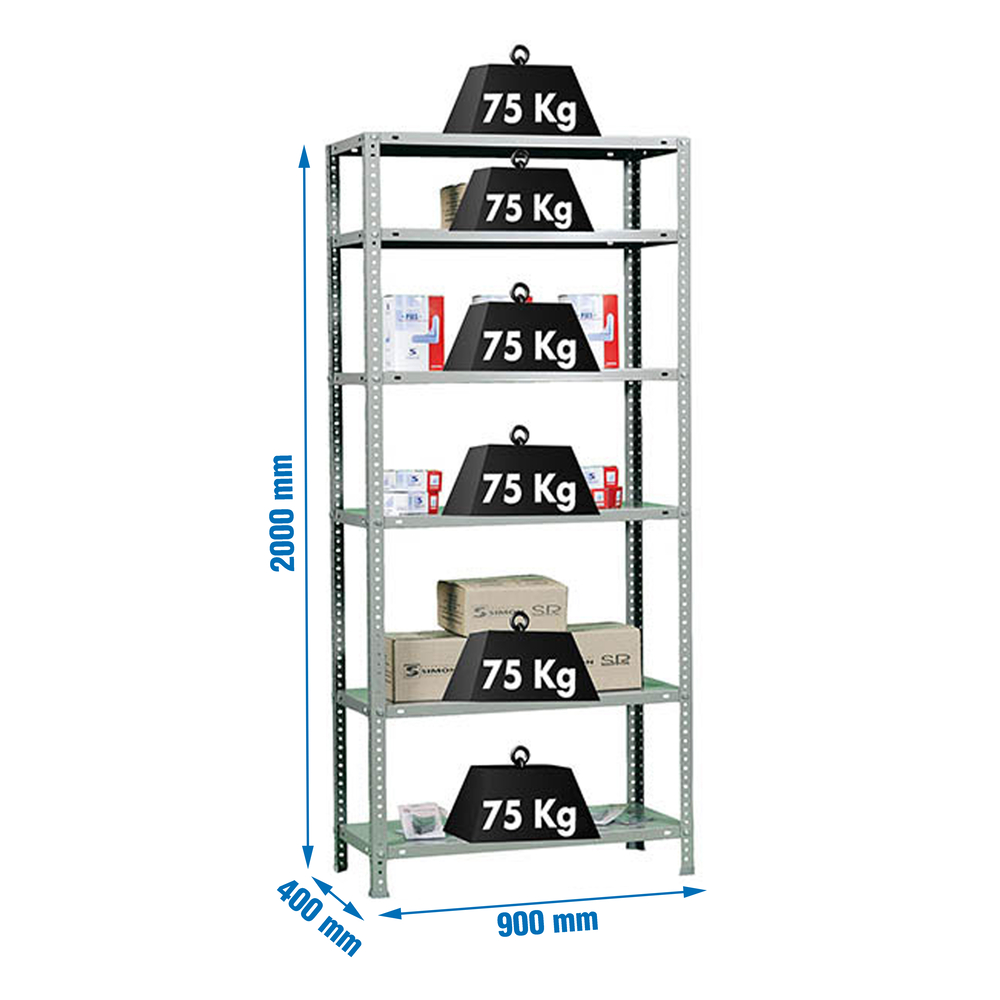 Rayonnage métallique léger à vis 2000x900x400 - 6 niveaux Galvanisé - SIMON RACK - 8425437046186