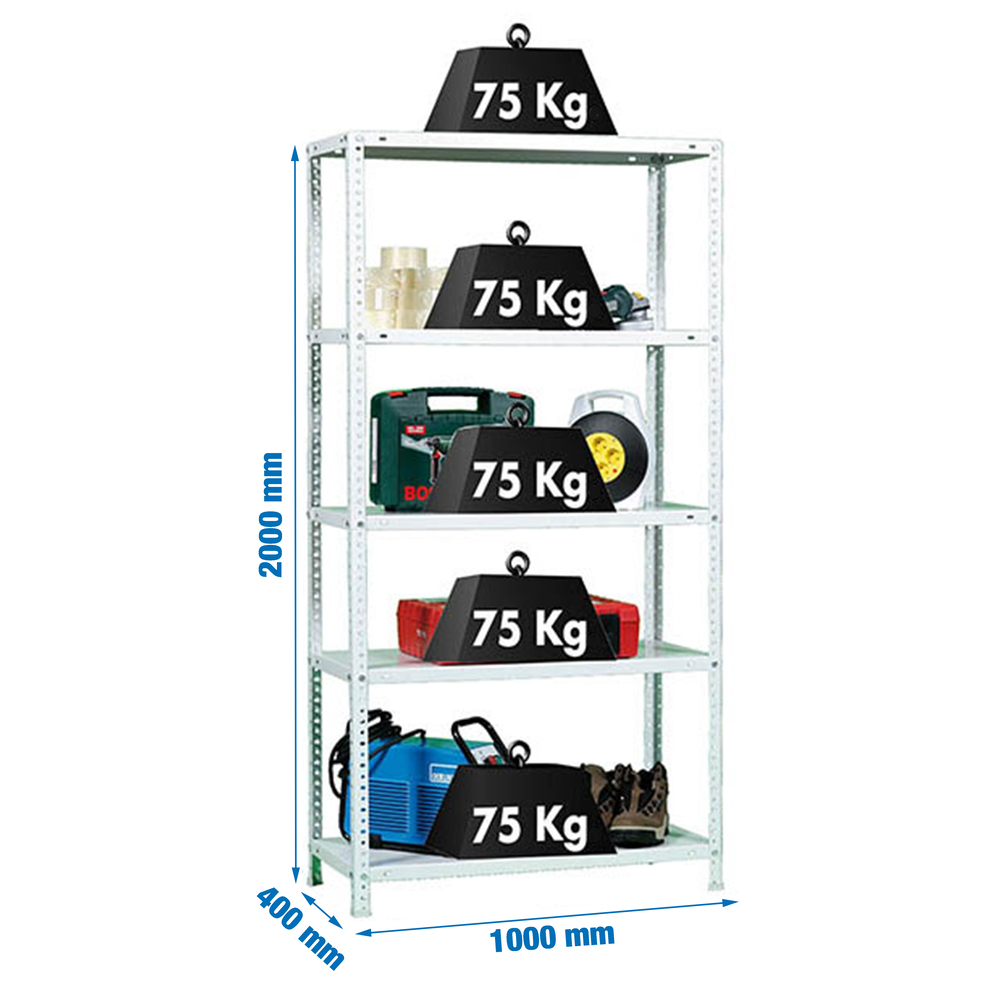 Rayonnage métallique léger à vis 2000x1000x400 - 5 niveaux Blanc - SIMON RACK - 8425437060762