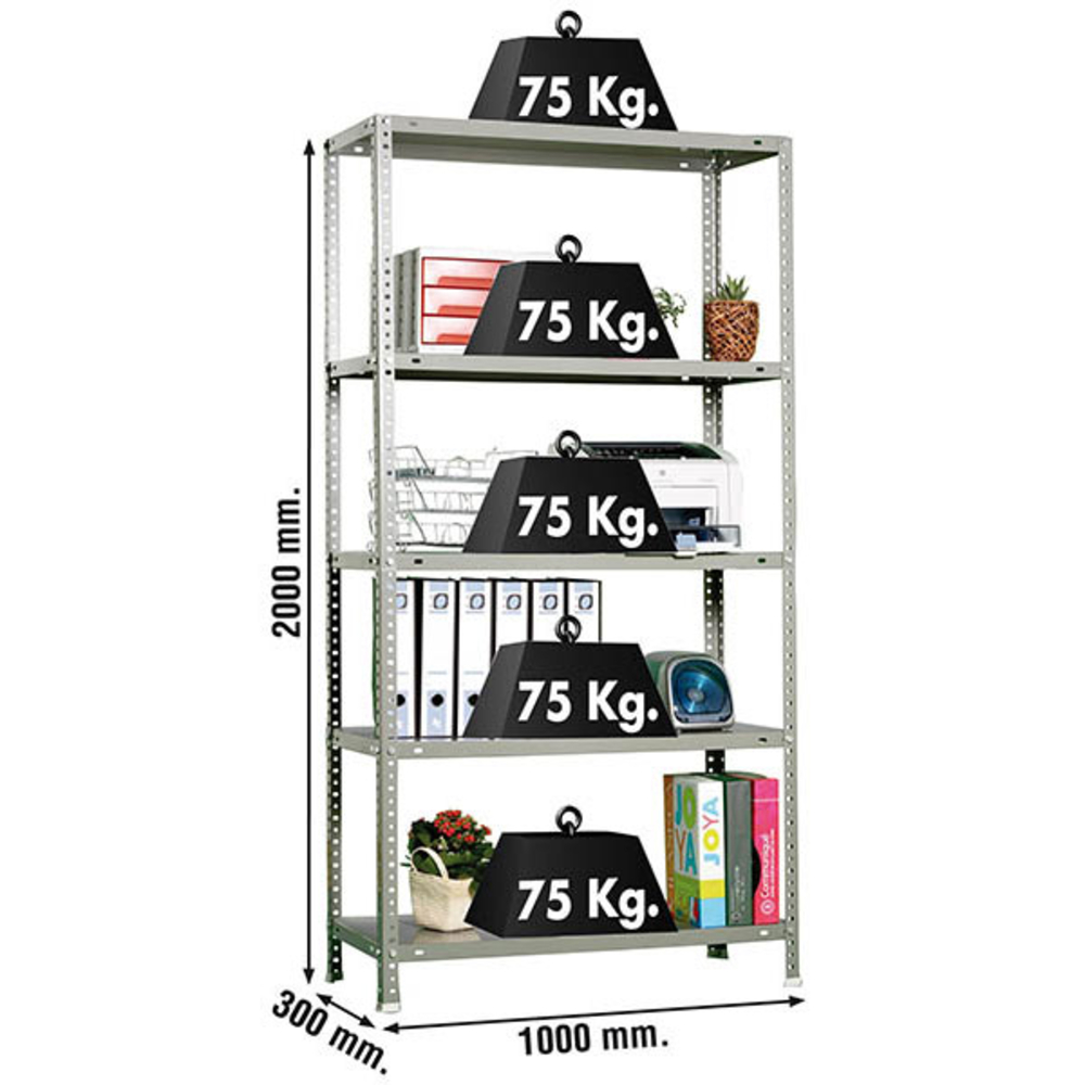 Rayonnage métallique léger à vis 2000x1000x300 - 5 niveaux Gris - SIMON RACK - 8425437060977