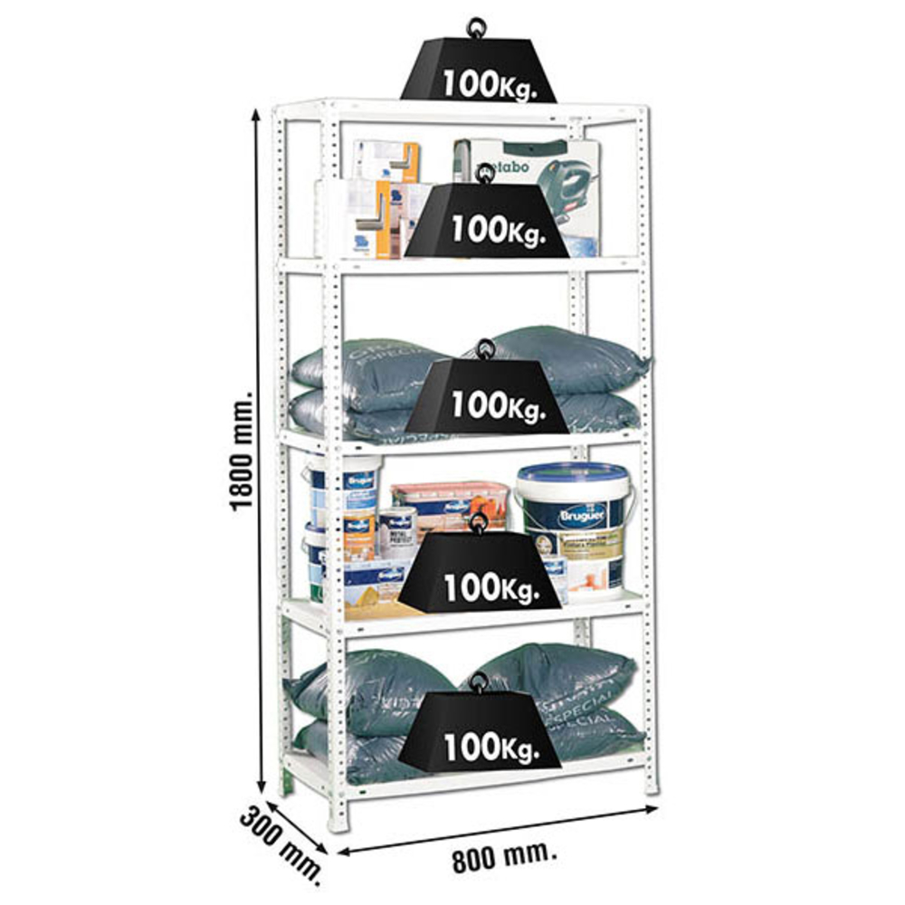 Rayonnage métallique léger à vis 1800x800x300 - 5 niveaux Blanc - SIMON RACK - 8425437061189