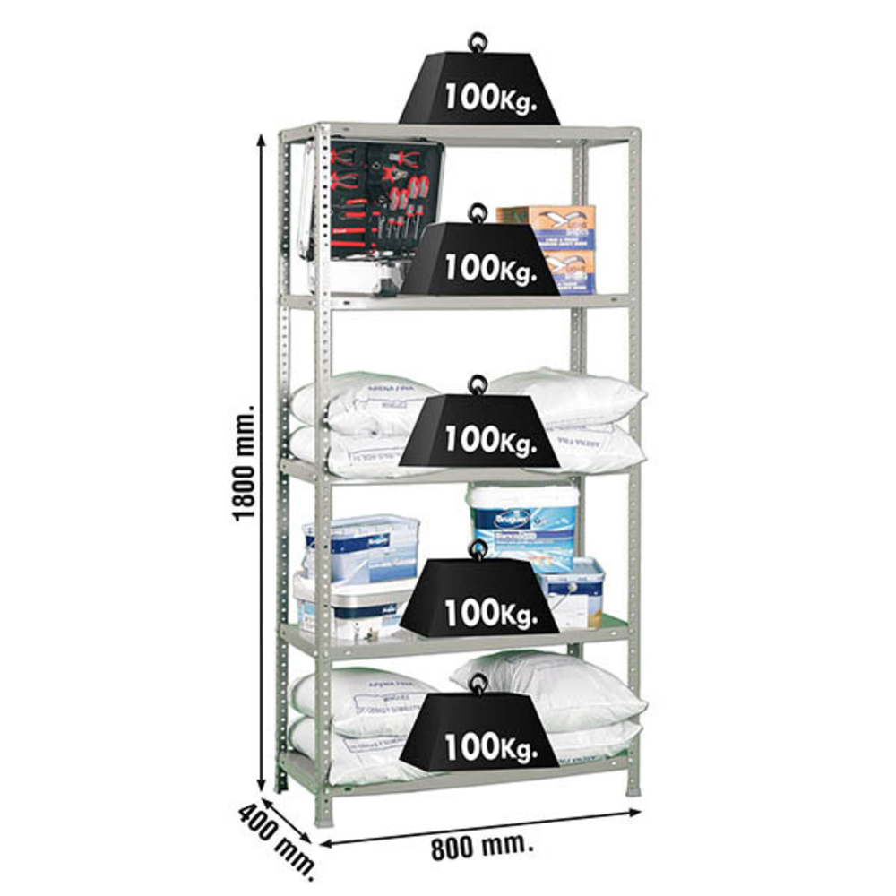 Rayonnage métallique léger à vis 1800x800x400 - 5 niveaux Gris - SIMON RACK - 8425437061226