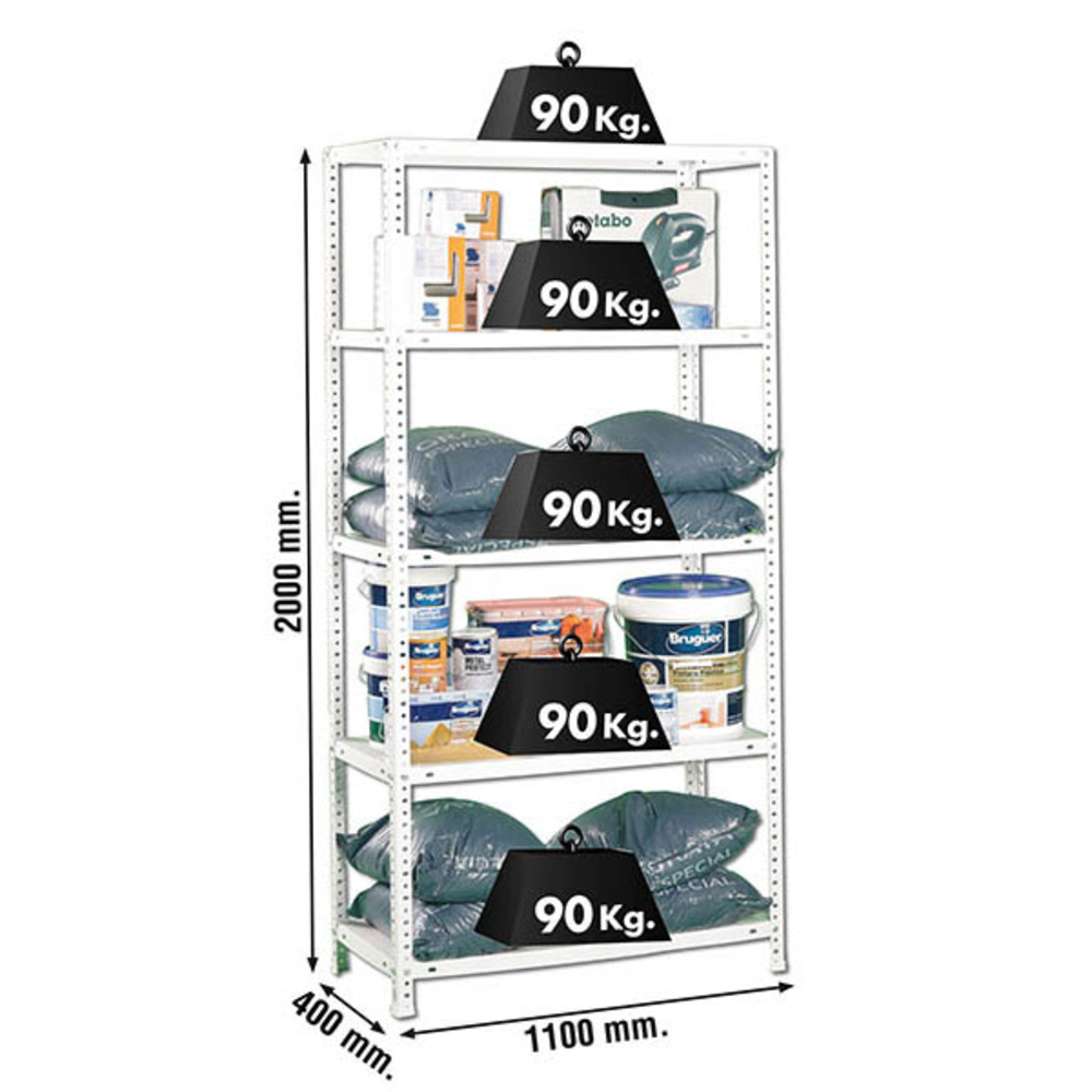 Rayonnage métallique léger à vis 2000x1100x400 - 5 niveaux Blanc - SIMON RACK - 8425437061240