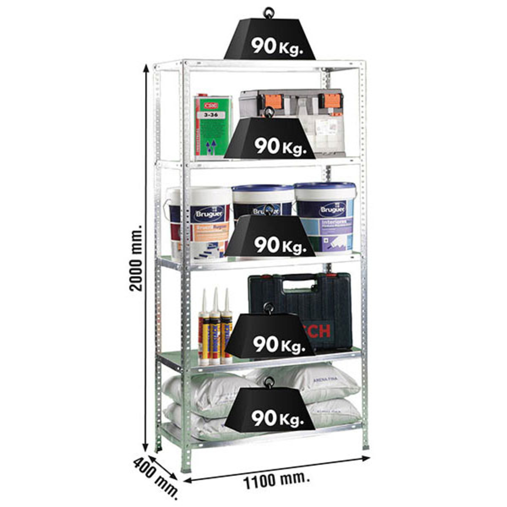 Rayonnage métallique léger à vis 2000x1100x400 - 5 niveaux Galvanisé - SIMON RACK - 8425437061264