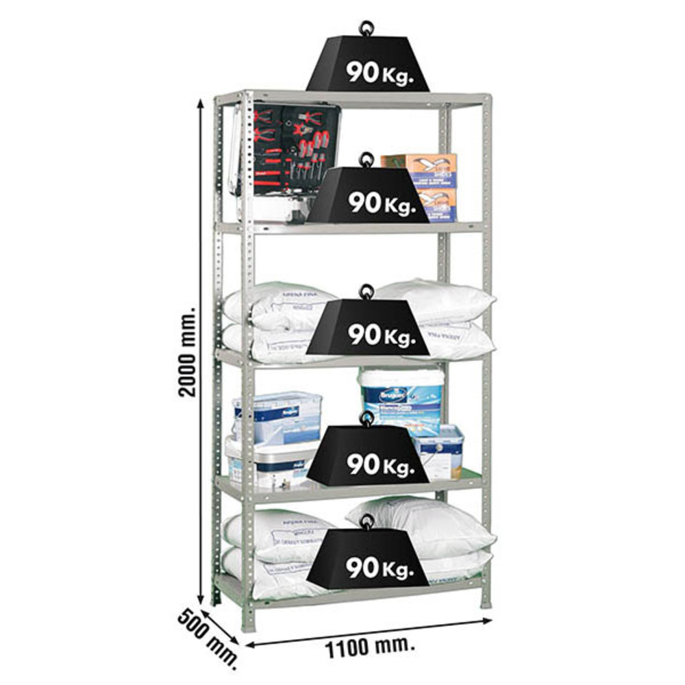 Rayonnage métallique léger à vis 2000x1100x500 - 5 niveaux Gris - SIMON RACK - 8425437061288