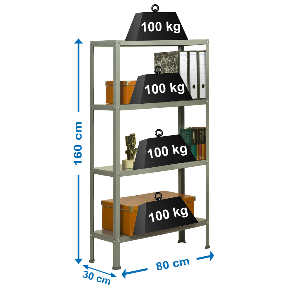 Rayonnage intérieur 1600x800x300 - 4 niveaux Gris - SIMON RACK - 8425437061370