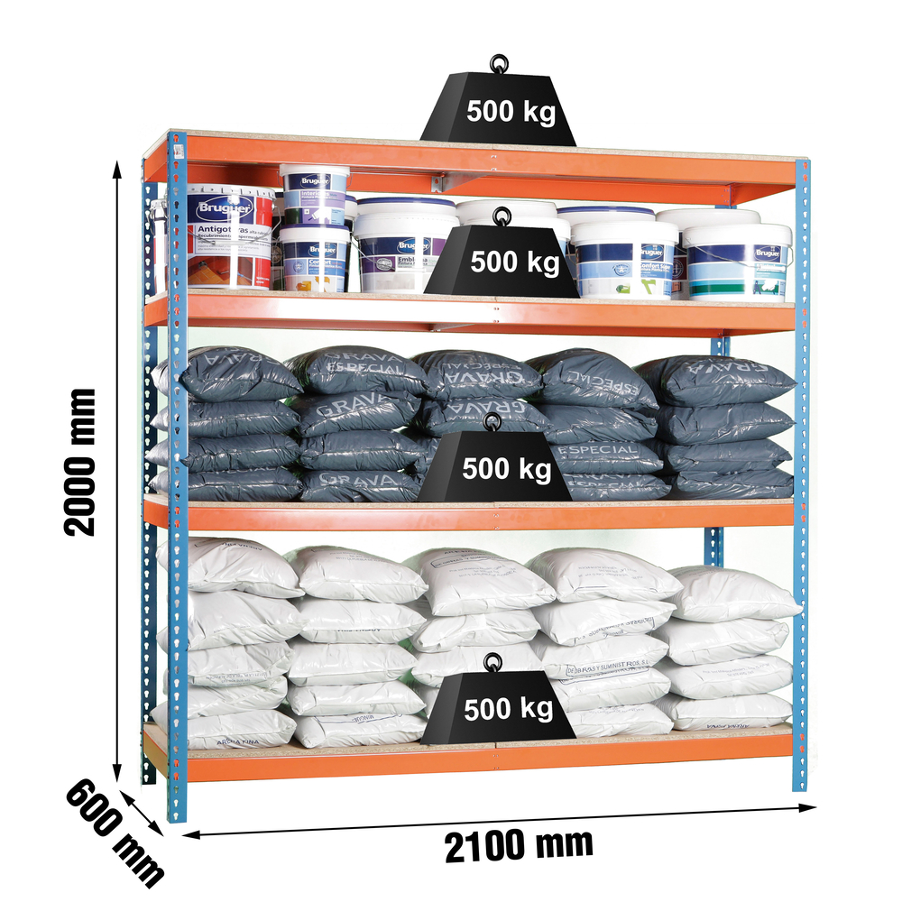 Étagère charge moyenne 500 à 600kg - 2000x2100x600 - 4 niveaux Bleu/Orange/Bois - SIMON RACK - 8425437071485