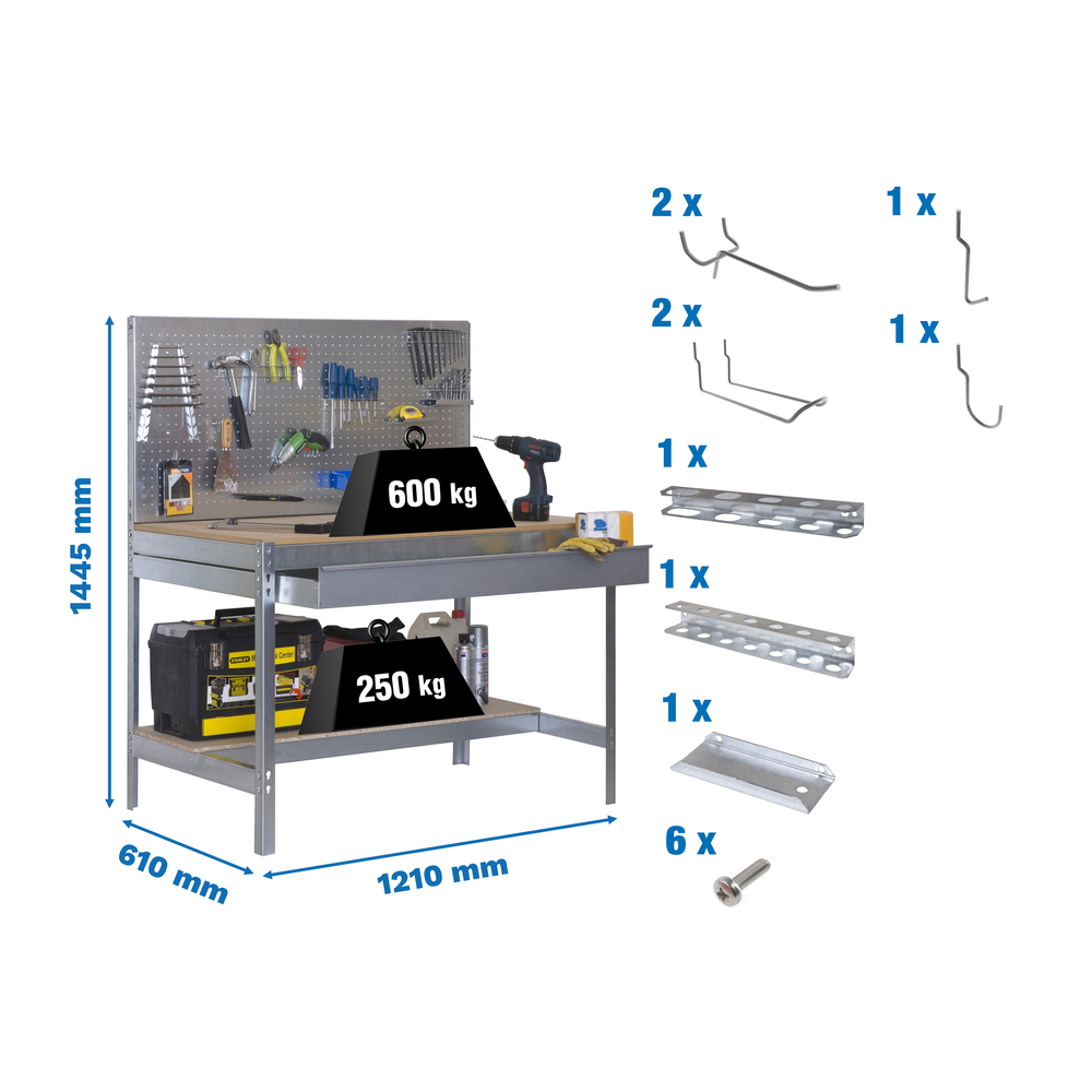 Kit établi Bricolage - 1445x1210x610 - Galvanisé/Bois - SIMON RACK - 8425437072505