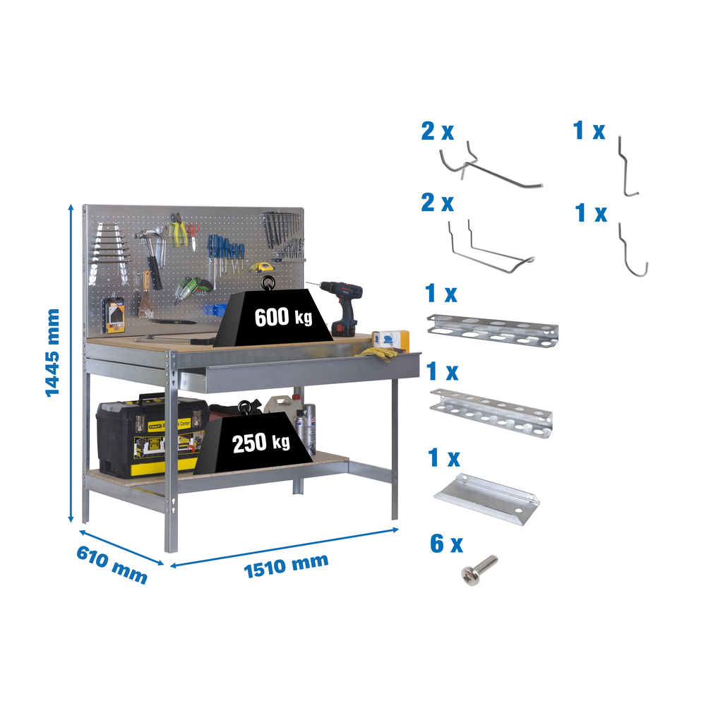 Kit établi Bricolage - 1445x1510x610 - Galvanisé/Bois - SIMON RACK - 8425437072536