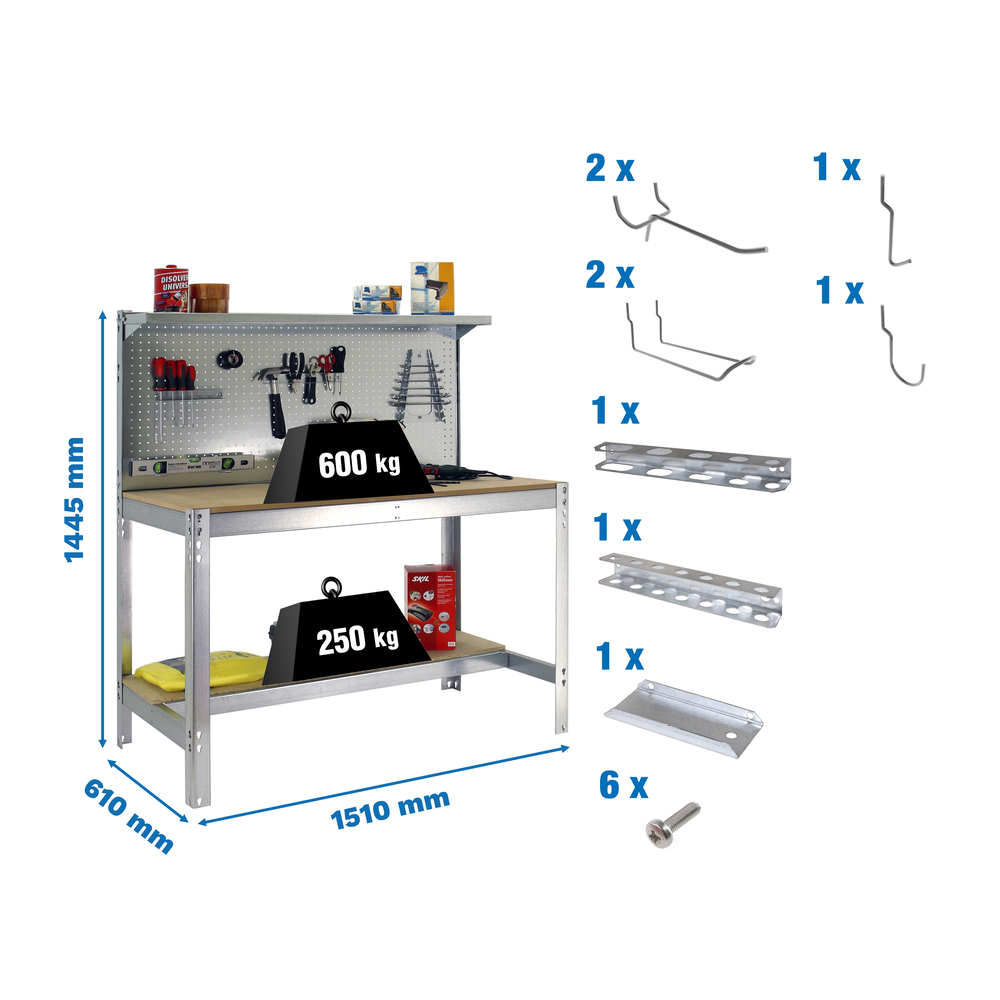 Kit établi Bricolage - 1445x1510x610 - Galvanisé/Bois - SIMON RACK - 8425437072666