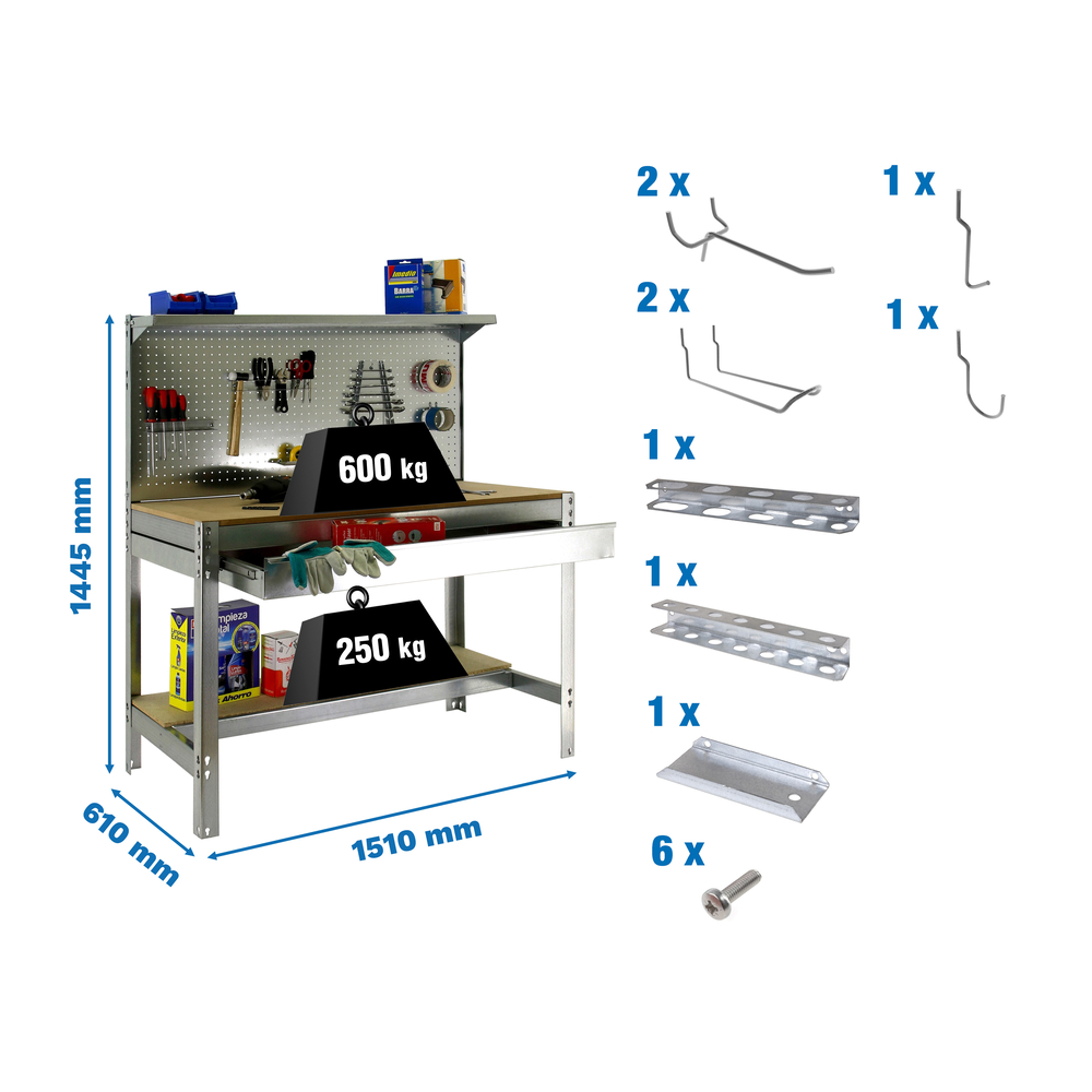 Kit établi Bricolage - 1445x1510x610 - Galvanisé/Bois - SIMON RACK - 8425437072758