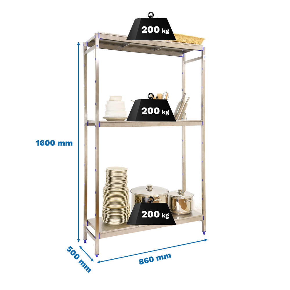 Rayonnage métal inox charge légère 1600x860x500 - 3 niveaux - SIMON RACK - 8425437073243