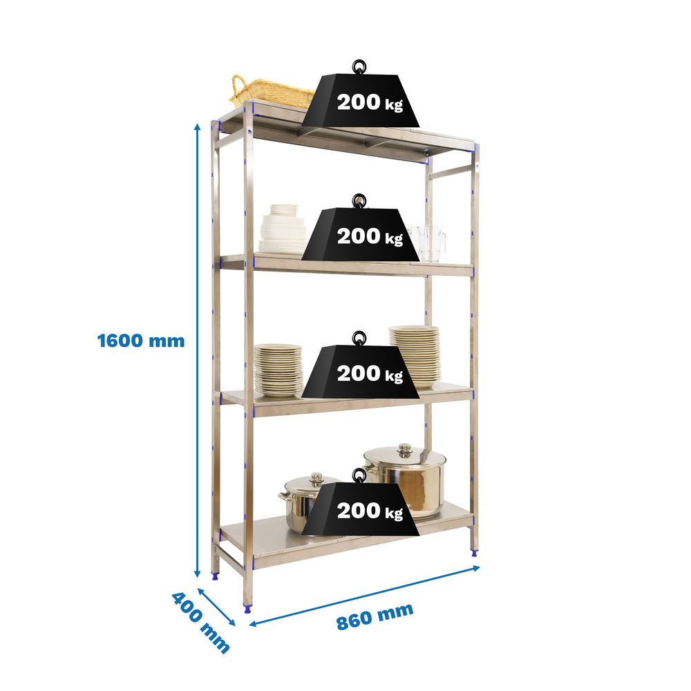 Rayonnage métal inox charge légère 1600x860x400 - 4 niveaux - SIMON RACK - 8425437073298