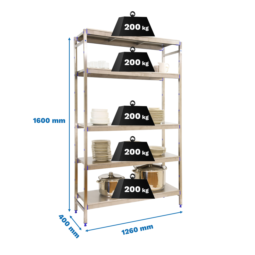 Rayonnage métal inox charge légère 1600x1260x400 - 5 niveaux - SIMON RACK - 8425437073373
