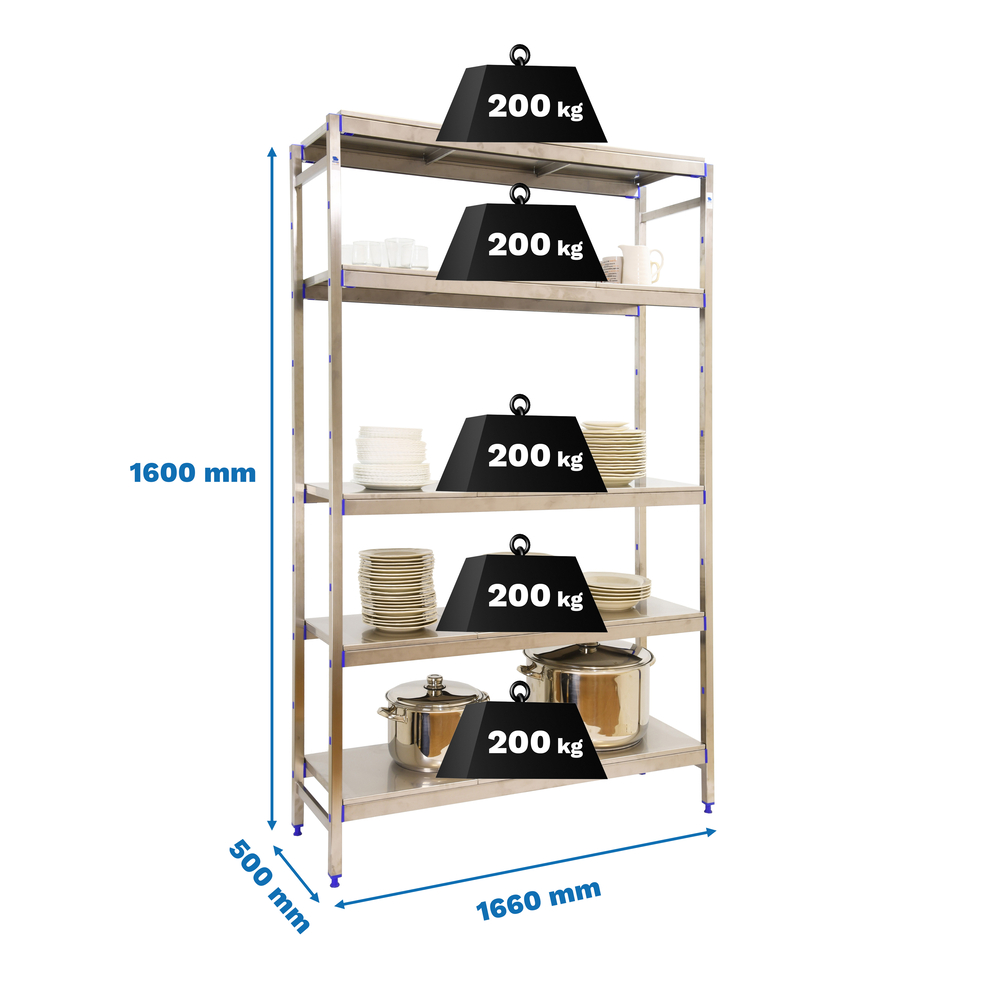 Rayonnage métal inox charge légère 1600x1660x500 - 5 niveaux - SIMON RACK - 8425437073403