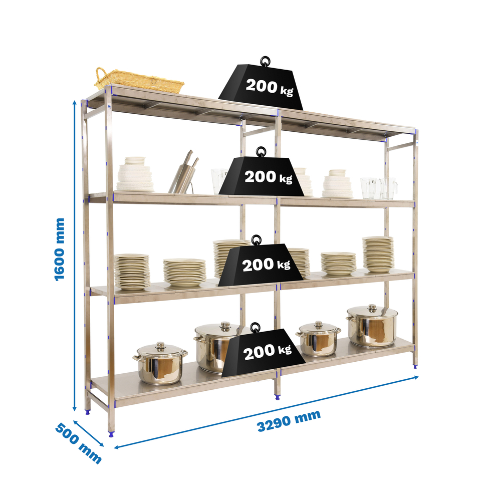Rayonnage métal inox charge légère 1600x3290x500 - 4 niveaux - SIMON RACK - 8425437073809