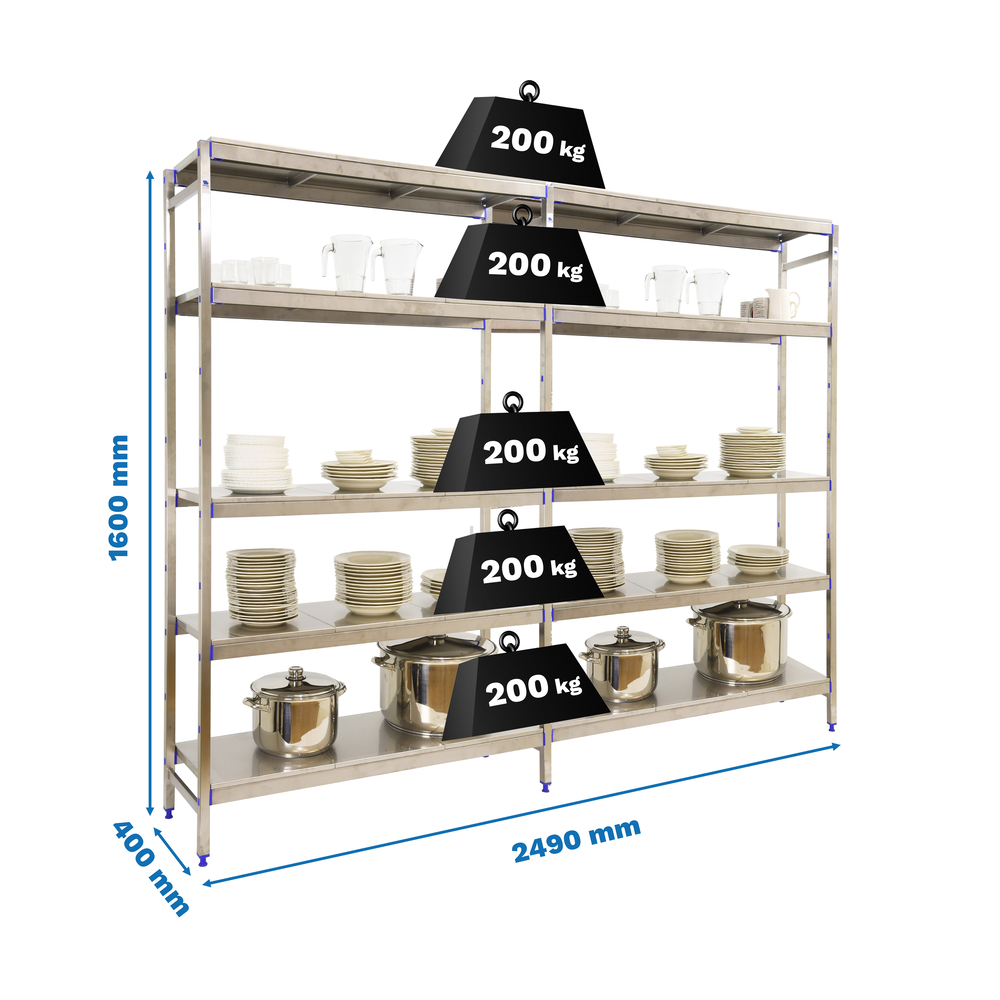 Rayonnage métal inox charge légère 1600x2490x400 - 5 niveaux - SIMON RACK - 8425437073816