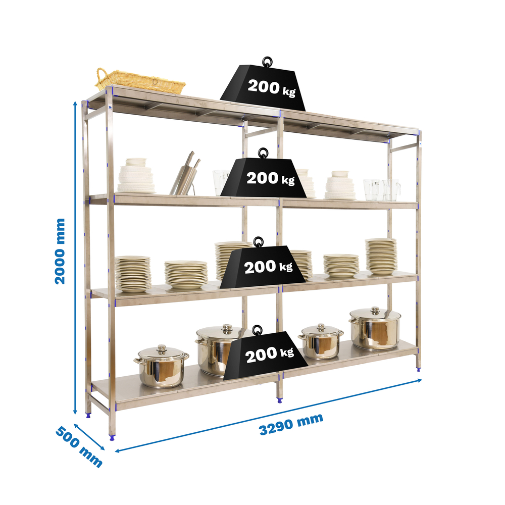 Rayonnage métal inox charge légère 2000x3290x500 - 4 niveaux - SIMON RACK - 8425437073922