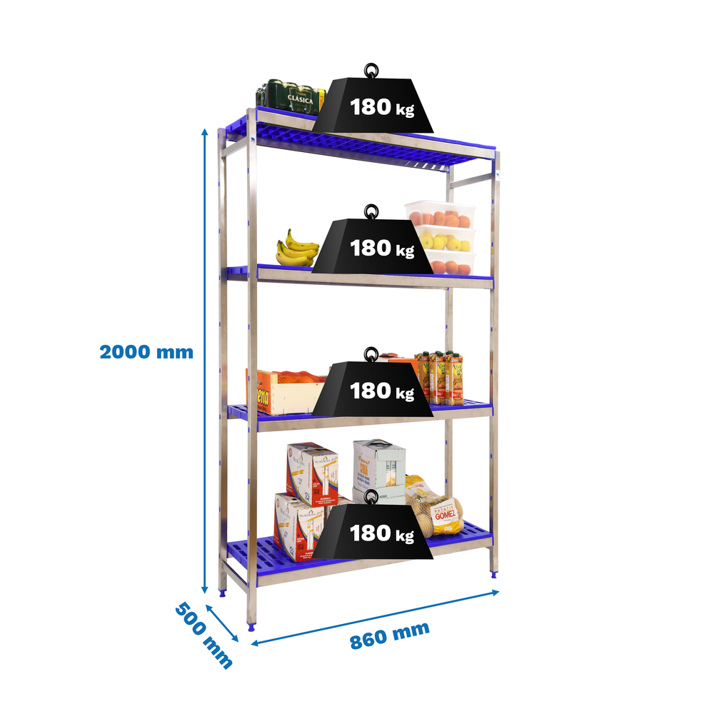 Rayonnage métal inox charge légère 2000x860x500 - 4 niveaux - SIMON RACK - 8425437074868