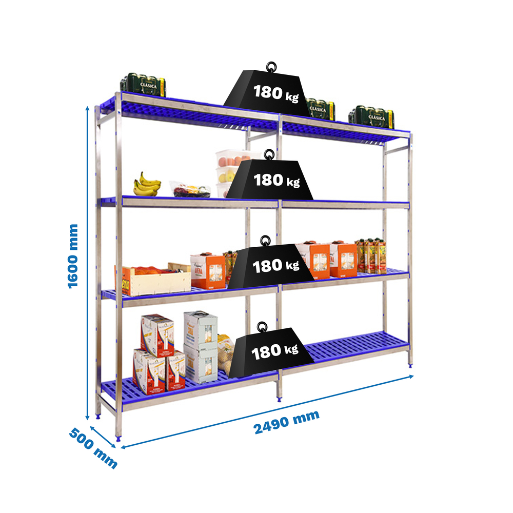 Rayonnage métal inox charge légère 1600x2490x500 - 4 niveaux - SIMON RACK - 8425437075100