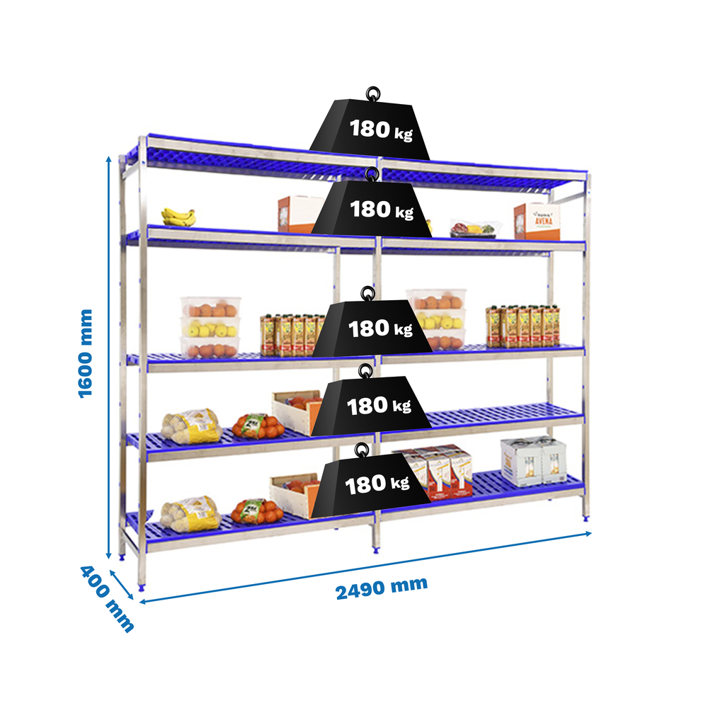 Rayonnage métal inox charge légère 1600x2490x400 - 5 niveaux - SIMON RACK - 8425437075131