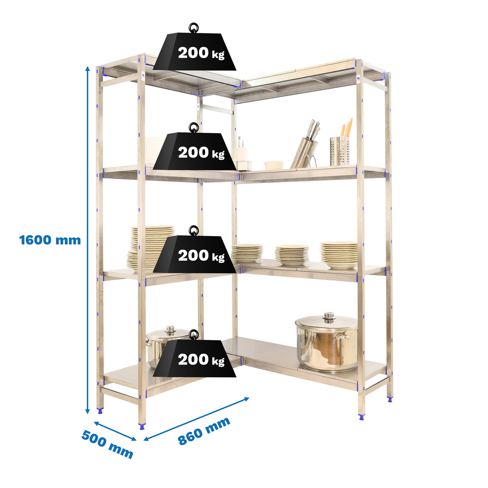 Rayonnage métal inox charge légère 1600x860x500 - 4 niveaux - SIMON RACK - 8425437075889