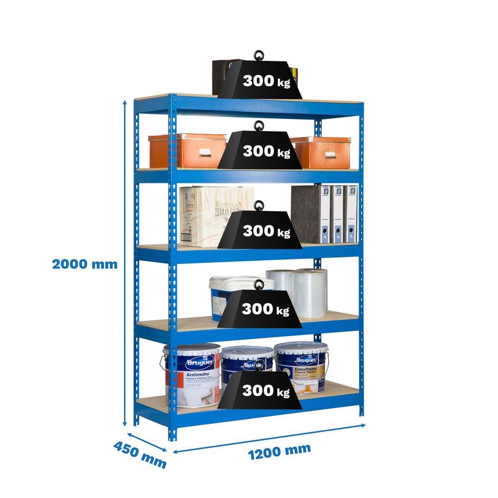 Étagère charge moyenne 300 kg 2000x1200x450 - 4 niveaux Bleu/Bois - SIMON RACK - 8425437076190