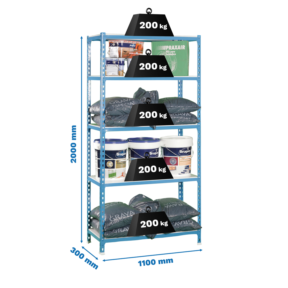 Rayonnage métallique léger sans vis 2000x1100x300 - 5 niveaux Bleu/Blanc - SIMON RACK - 8425437076473