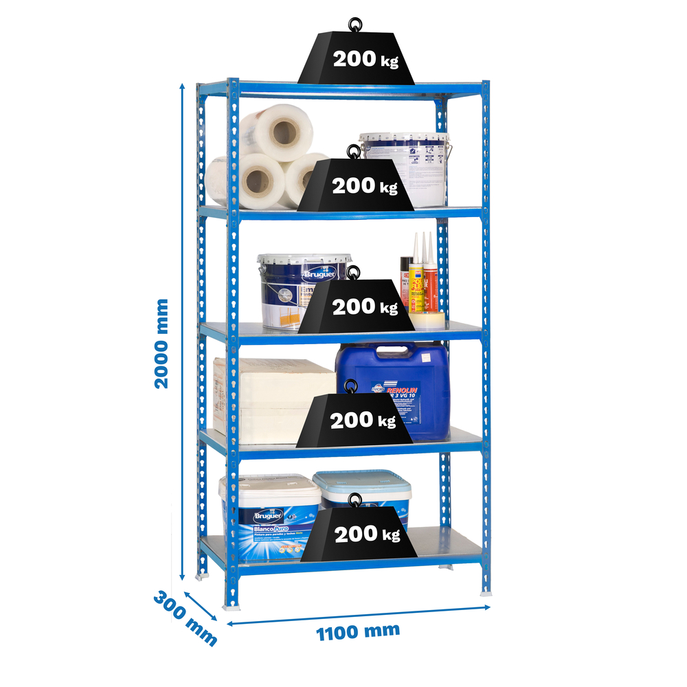 Rayonnage métallique léger sans vis 2000x1100x300 - 5 niveaux Bleu - SIMON RACK - 8425437076480